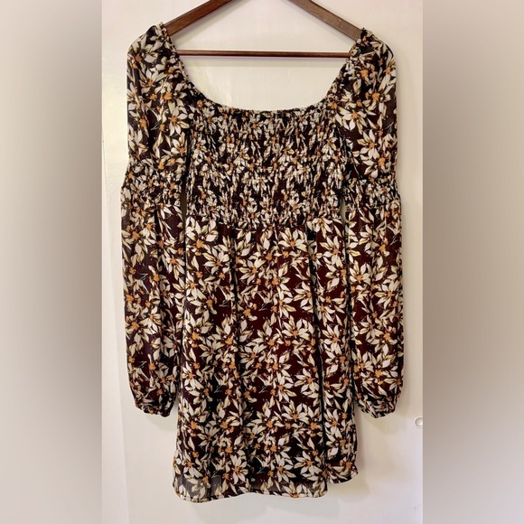 Guess| Brown & Cream Fall Floral Smocked Boho Long Sleeve Mini Dress Sz XS - Picture 1 of 6